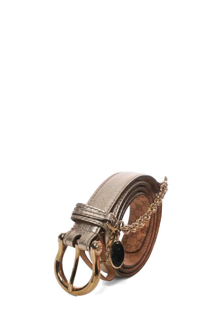 Gucci Logo & Butterfly Charm Chain Metallic Leather Belt