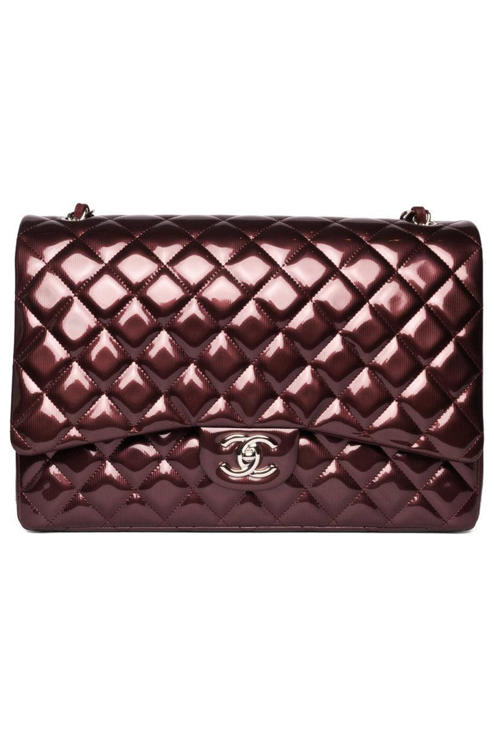Chanel 2012 Striated Metallic Patent Leather Double Flap Maxi Shoulder Bag