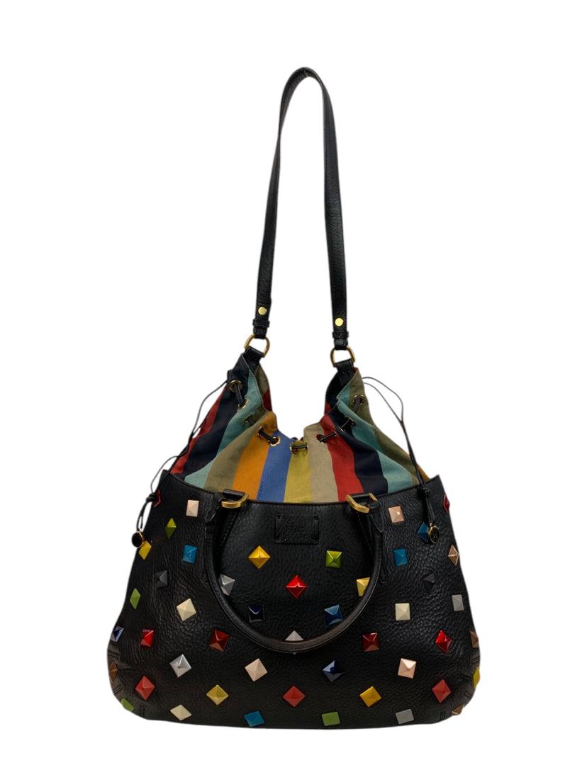 Fendi Calfskin Studded Medium B Fab Drawstring Shoulder Bag