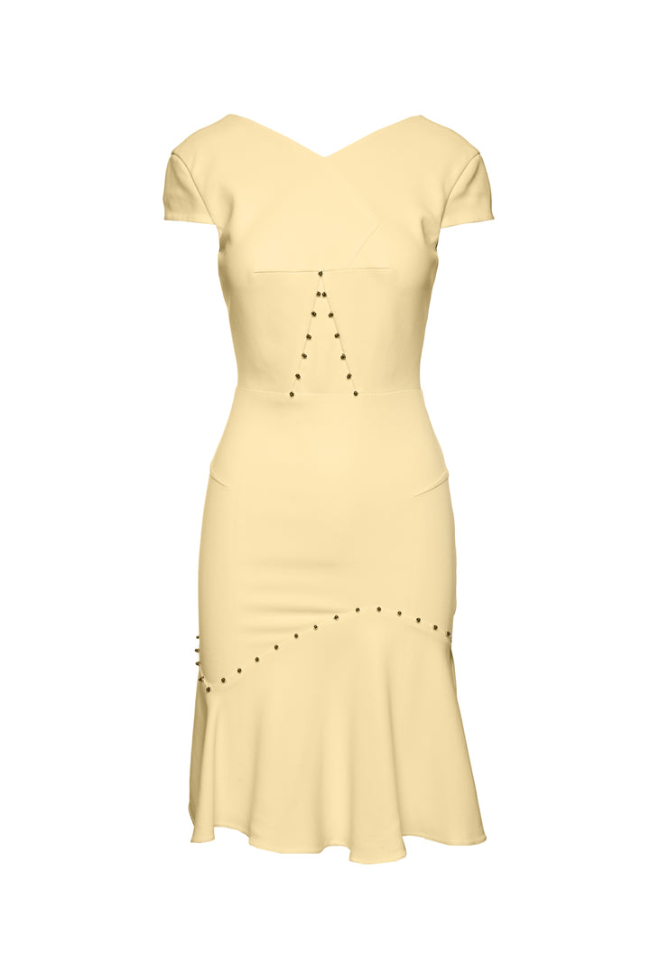 Roland Mouret Size 6 Embellished Butter Yellow Crepe Cap Sleeve Dress