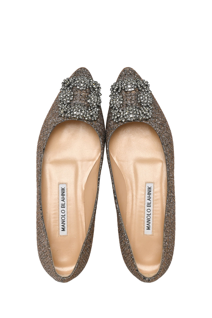 Manolo Blahnik Size 34.5 Hangisiflat Glitter Fabric Jewel Buckle Flats