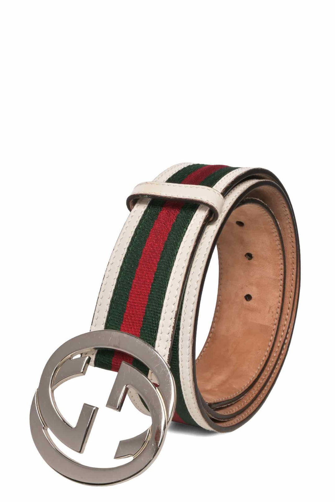 Gucci Size 38 Web Stripe Canvas & Leather Interlocking G Buckle Men's Belt