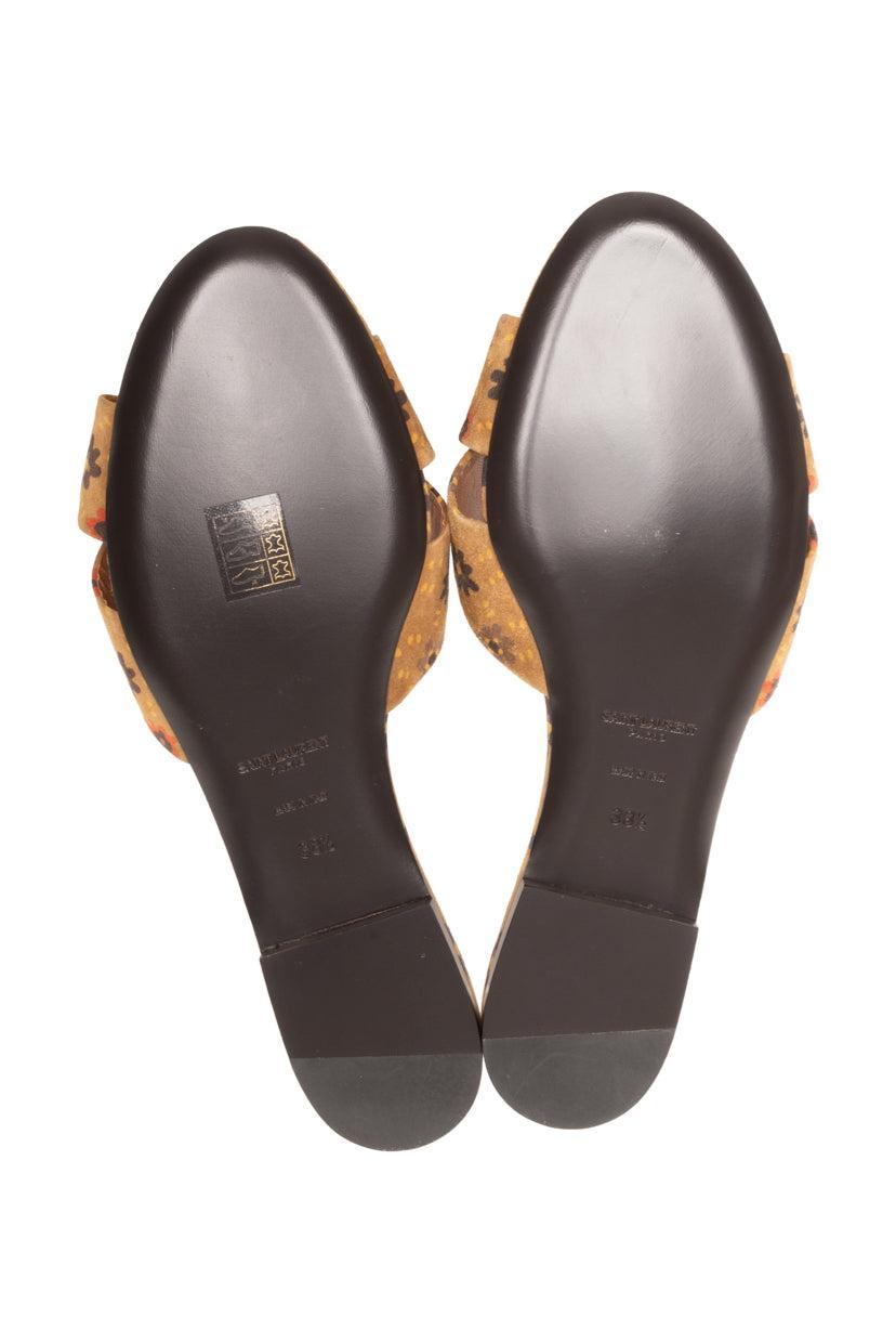 Saint Laurent Size 38.5 Bianca Floral Print Knotted Suede Slide Sandals
