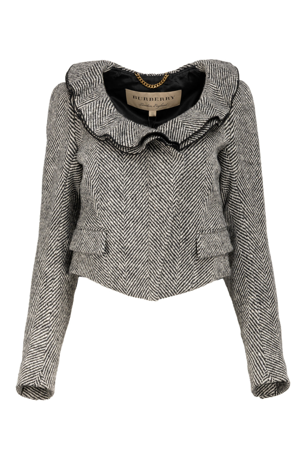 Burberry Size 6 Herringbone Tweed Cropped Wool Jacket