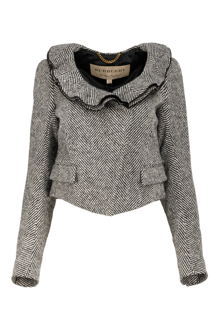 Burberry Size 6 Herringbone Tweed Cropped Wool Jacket