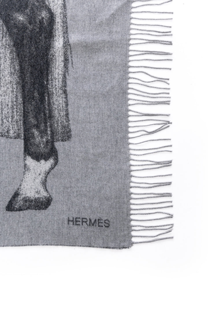 Hermes Cashmere Horse Print Fringe Blanket