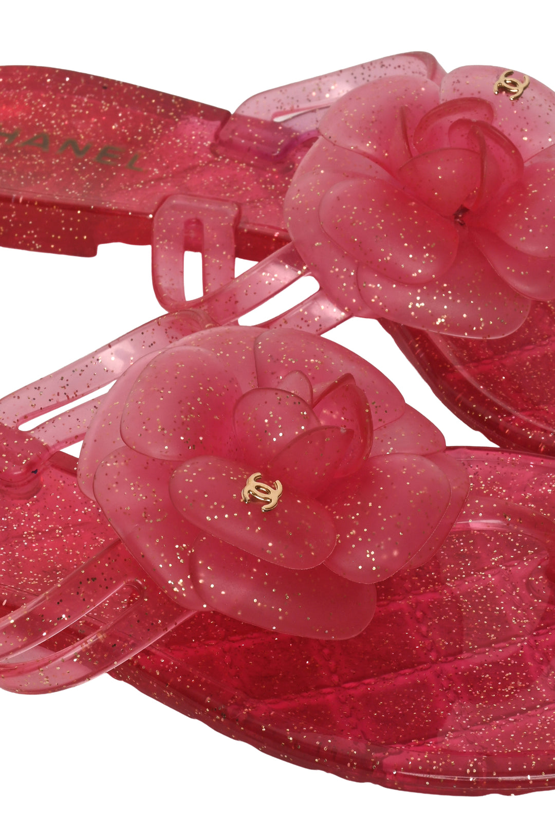 Chanel Size 37 Jelly Camellia Glitter Thong Sandals