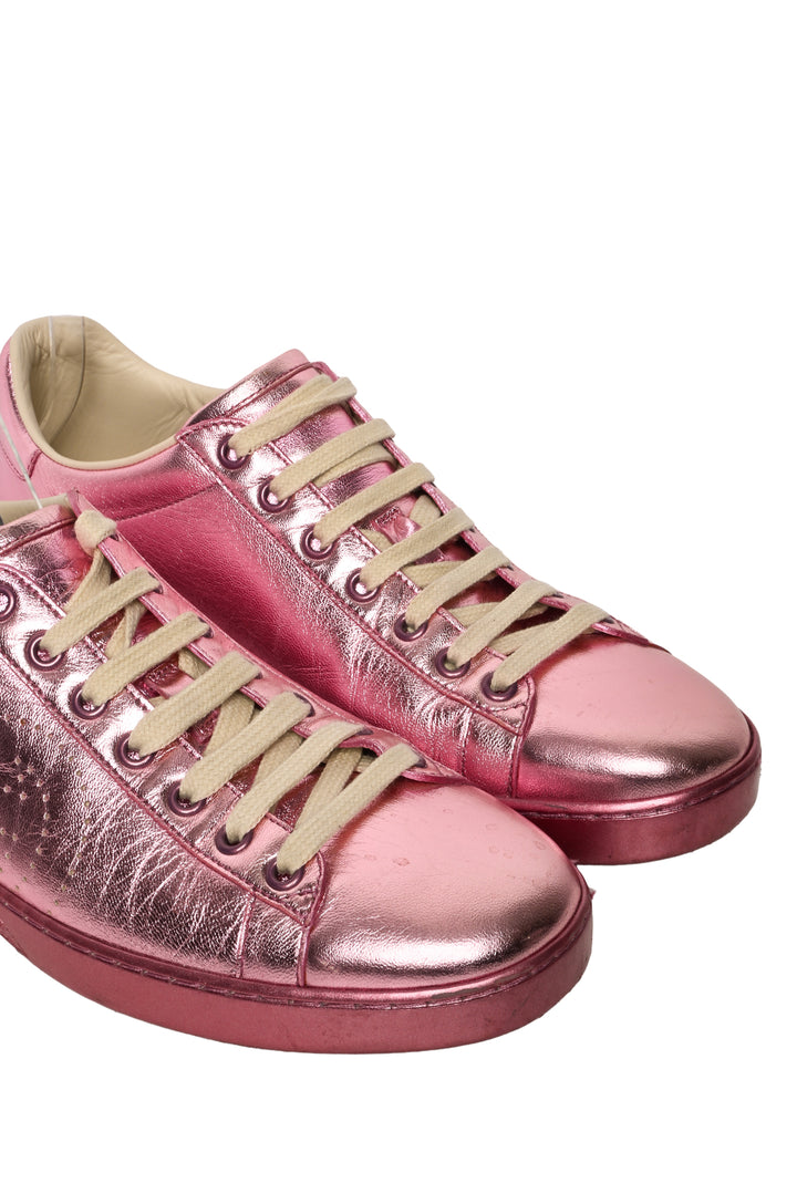 Gucci Size 40 Metallic Leather Perforated Interlocking GG Logo Ace Sneaker