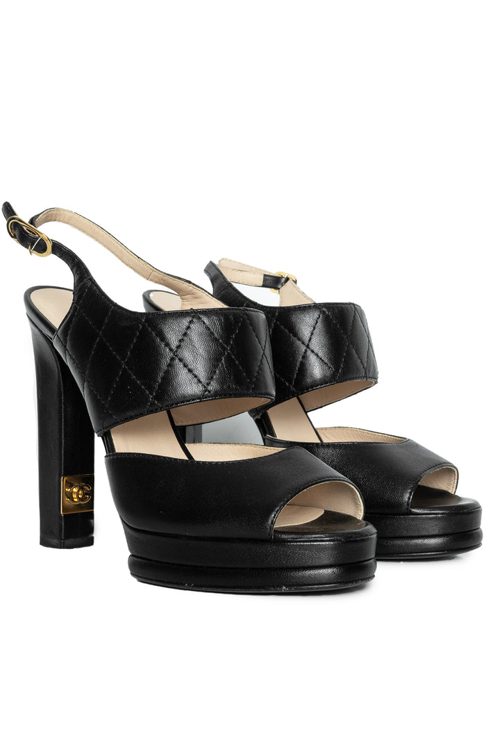 Chanel Size 37 Leather Quilted CC Ankle Strap Platform Slingback Sandals