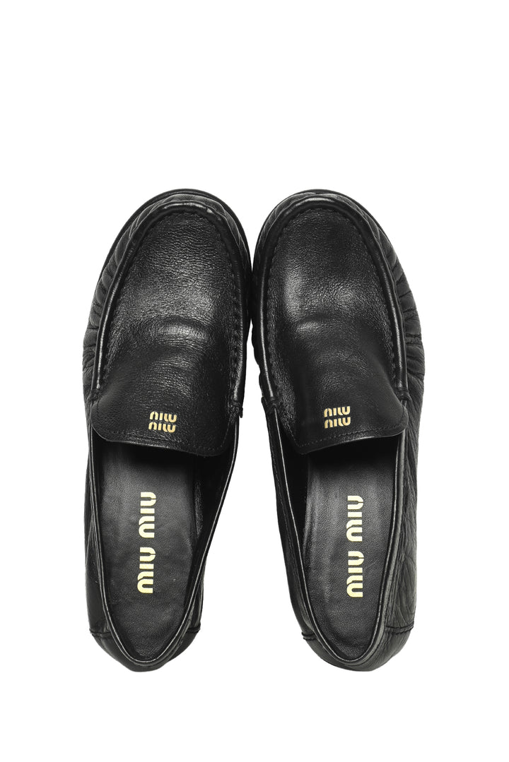 Miu Miu Size 37 Buffalo Leather Logo Loafers