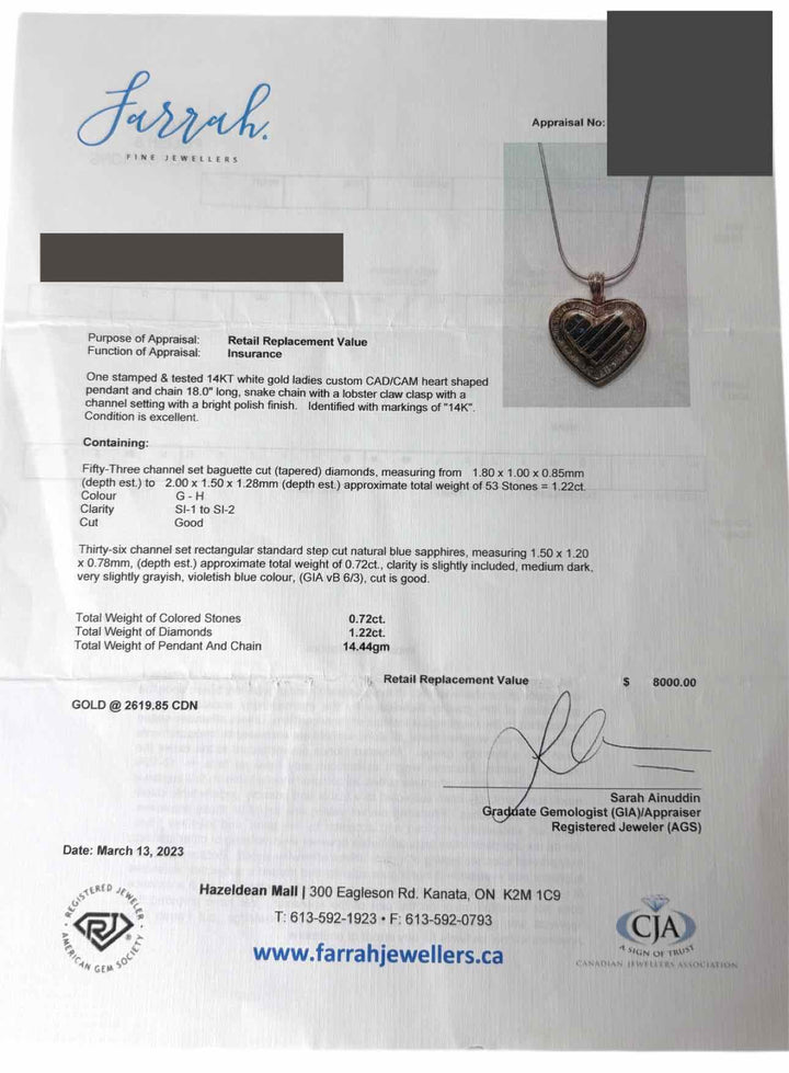 14K White Gold Necklace with Sapphire and Diamond Heart Pendant