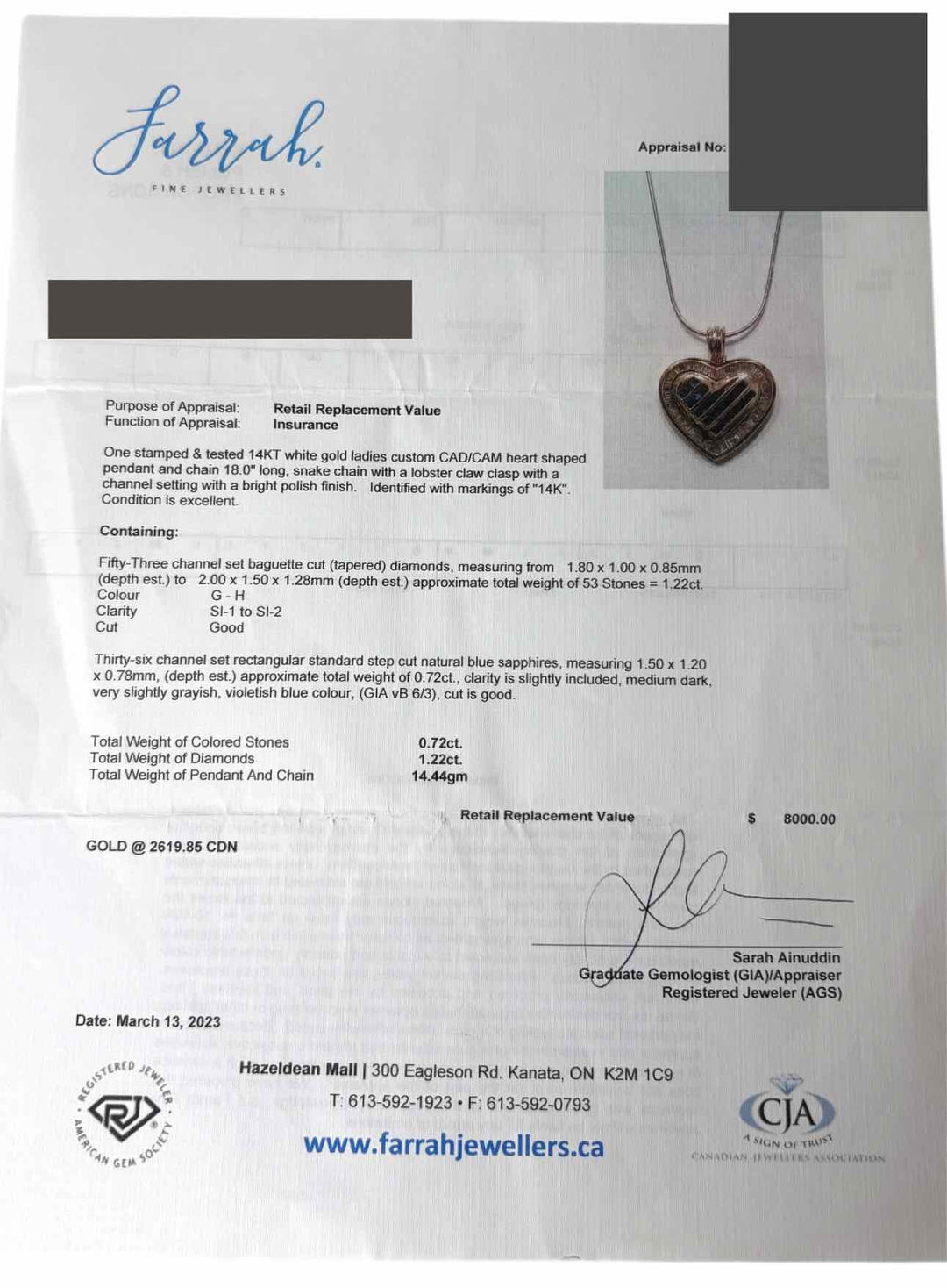 14K White Gold Necklace with Sapphire and Diamond Heart Pendant