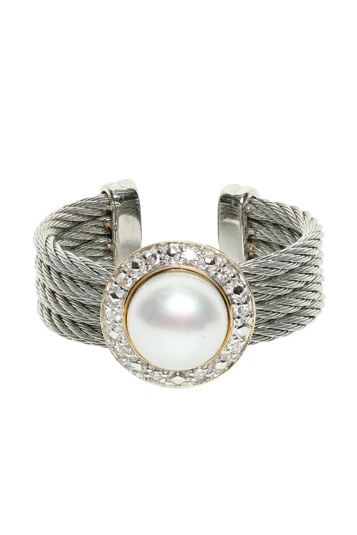 Charriol Size 6 18K Rose and White Gold Diamond and Pearl Halo Steel Cable Ring