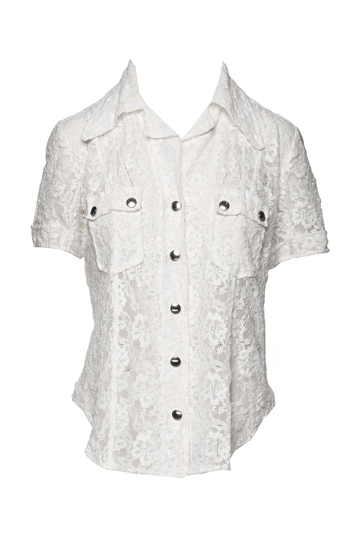 Chloe Size 42 Collared Snap Front Ivory Floral Lace Short Sleeve Blouse