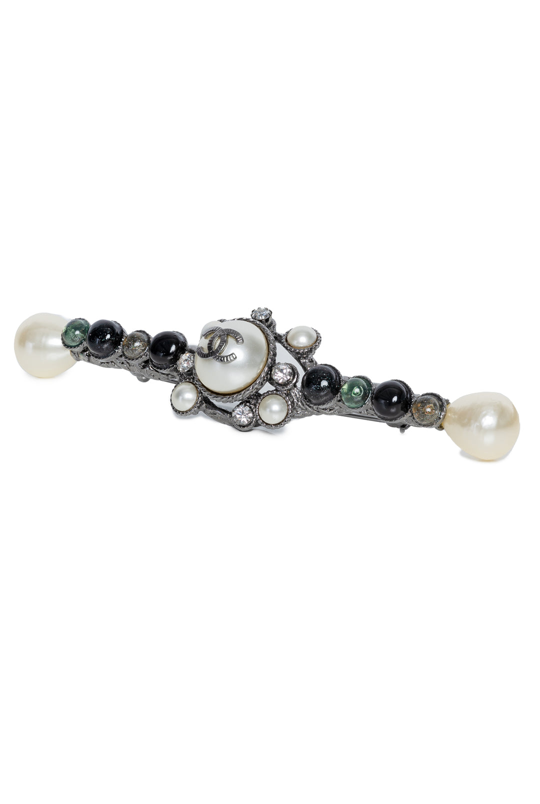 Chanel 2011 Faux Pearl & Strass Ruthenium Metal Bar Brooch