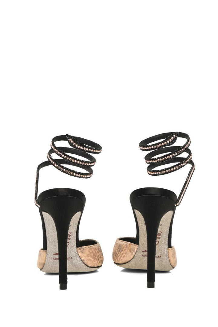 Rene Caovilla Size 36.5 Rose Gold Karung & Black Satin Crystal Spiral Pumps
