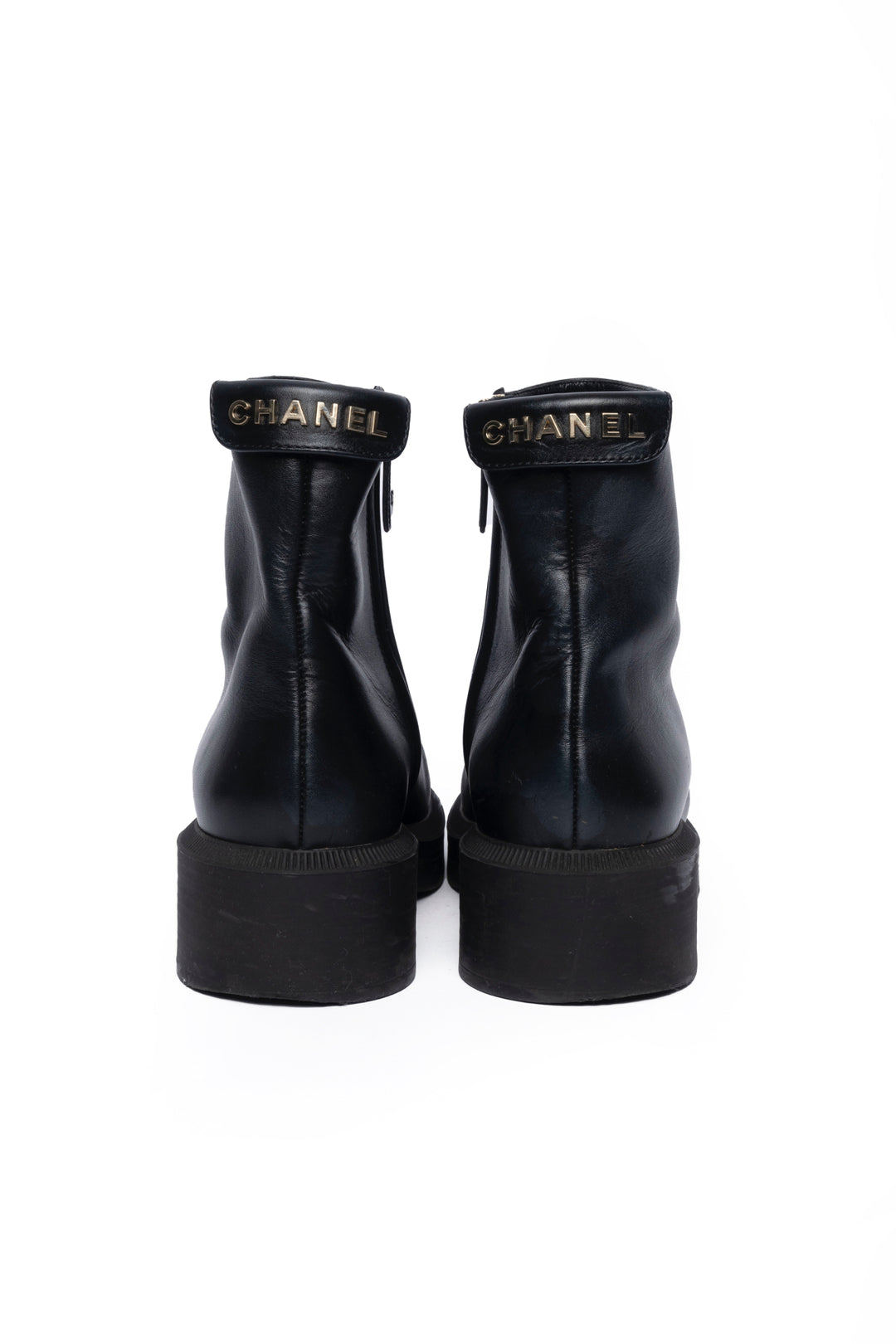 Chanel Size 38.5 Leather Logo Ankle Boots