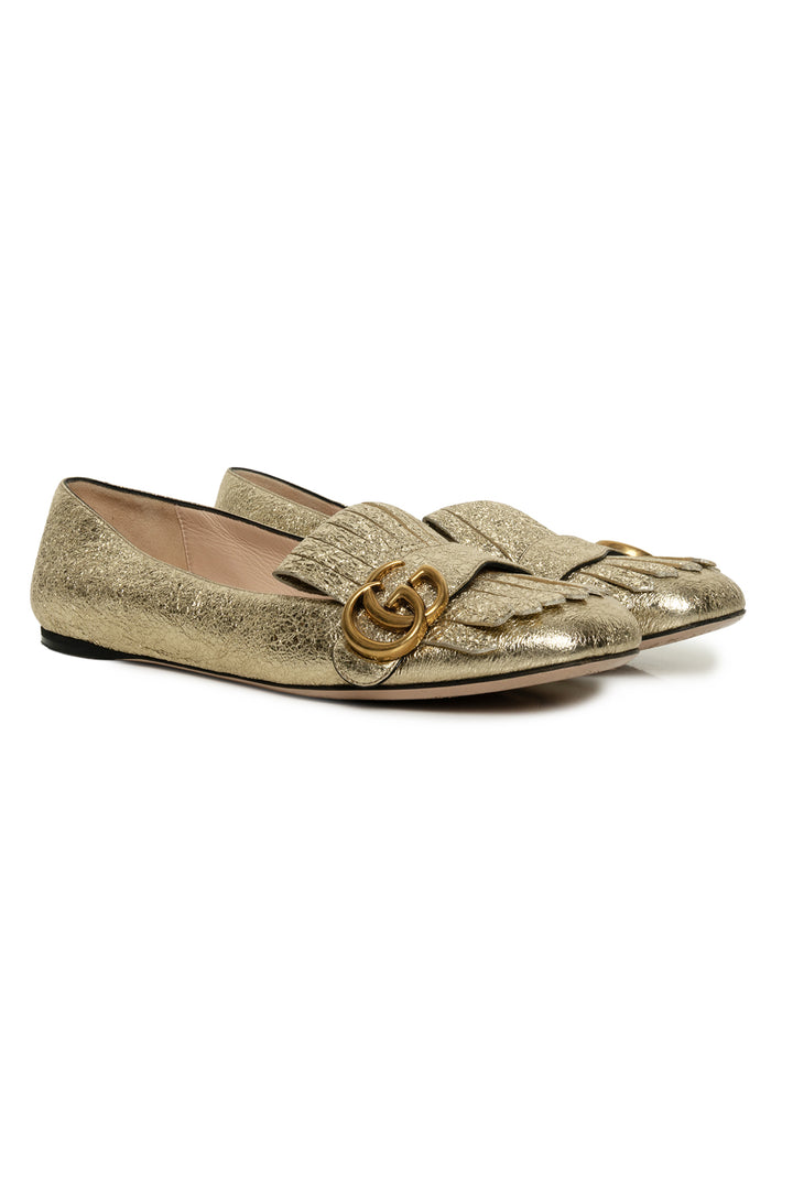 Gucci Size 40 Gold Foil GG Marmont Fringe Flat