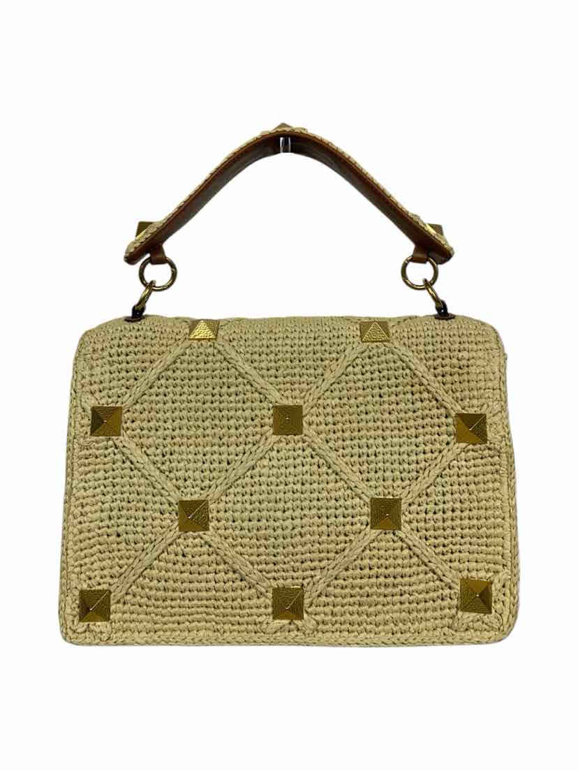 Valentino Roman Stud Large Crochet-Trimmed Raffia Shoulder Bag