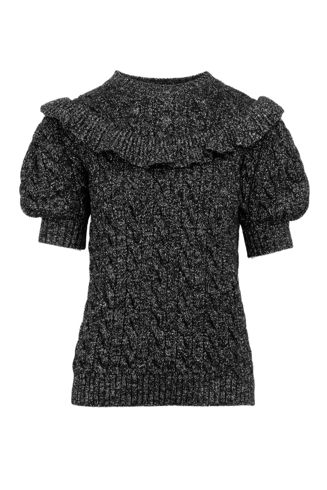 Miu Miu Size 38 2021 Ruffle Accent Metallic Cable Knit Short Sleeve Sweater