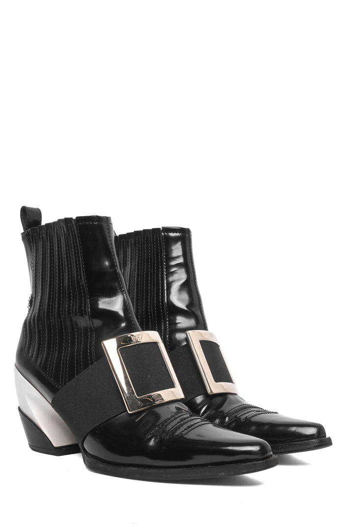 Roger Vivier Size 39.5 Viv Two-Tone Patent Western Ankle Boots