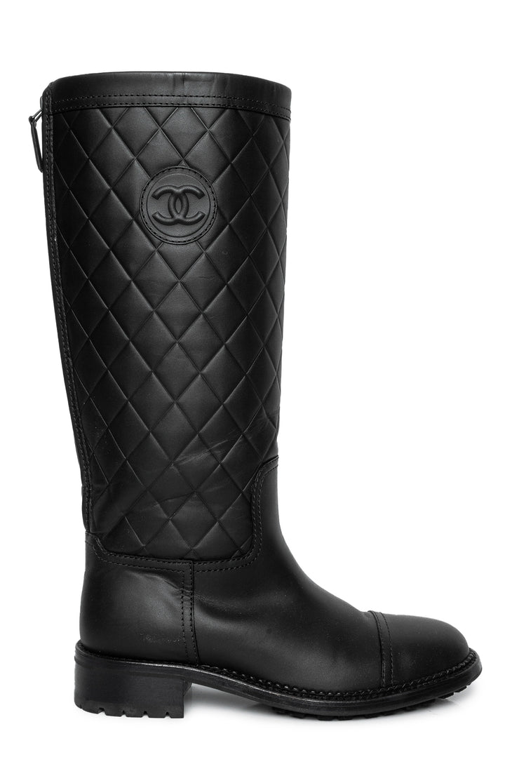 Chanel Size 37 Quilted Calfskin Leather Knee High Boots