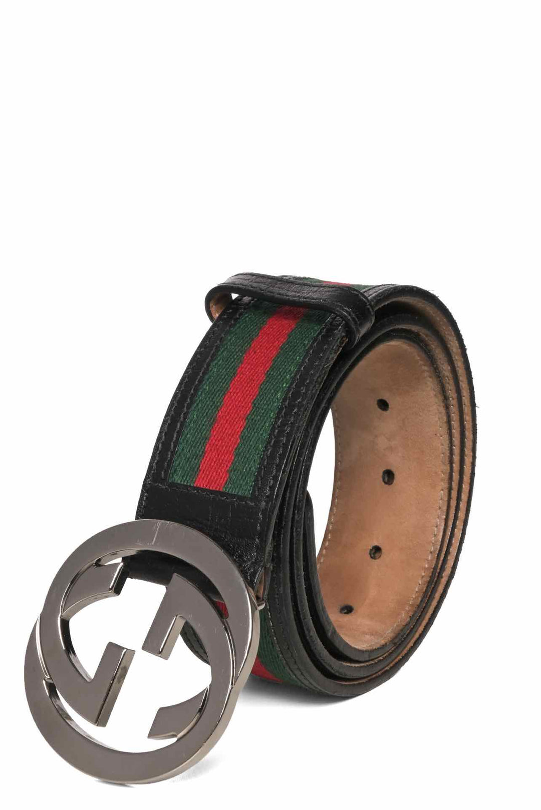 Gucci Size 36 Web Stripe Canvas & Leather Interlocking G Buckle Men's Belt
