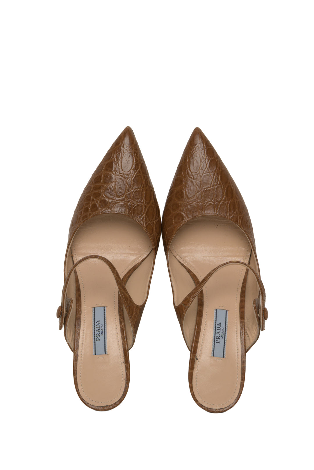 Prada Size 37.5 Croc Effect Leather Heeled Mules