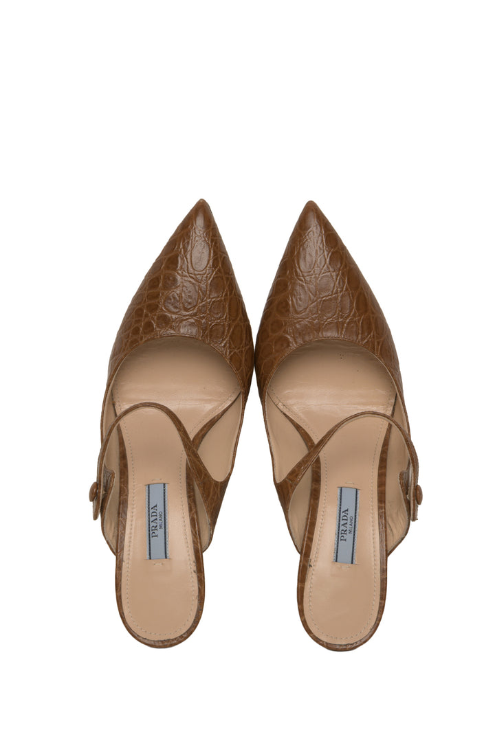 Prada Size 37.5 Croc Effect Leather Heeled Mules