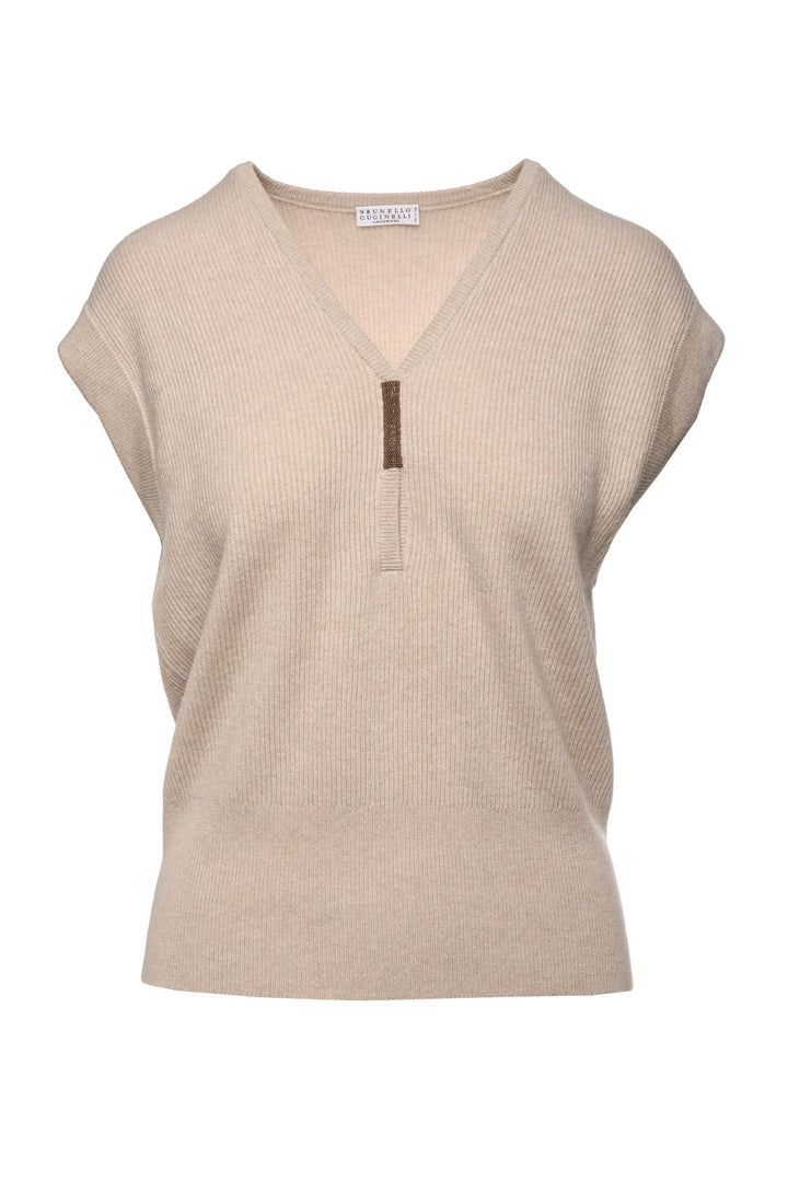 Brunello Cucinelli Size S Cashmere V Neck Embellished Sleeveless Sweater