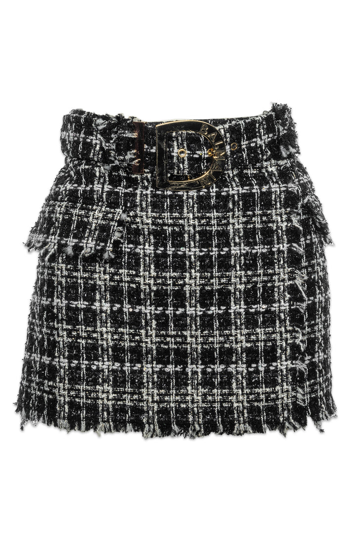 Balmain Size 42 Belted Lurex Tweed Mini Skirt