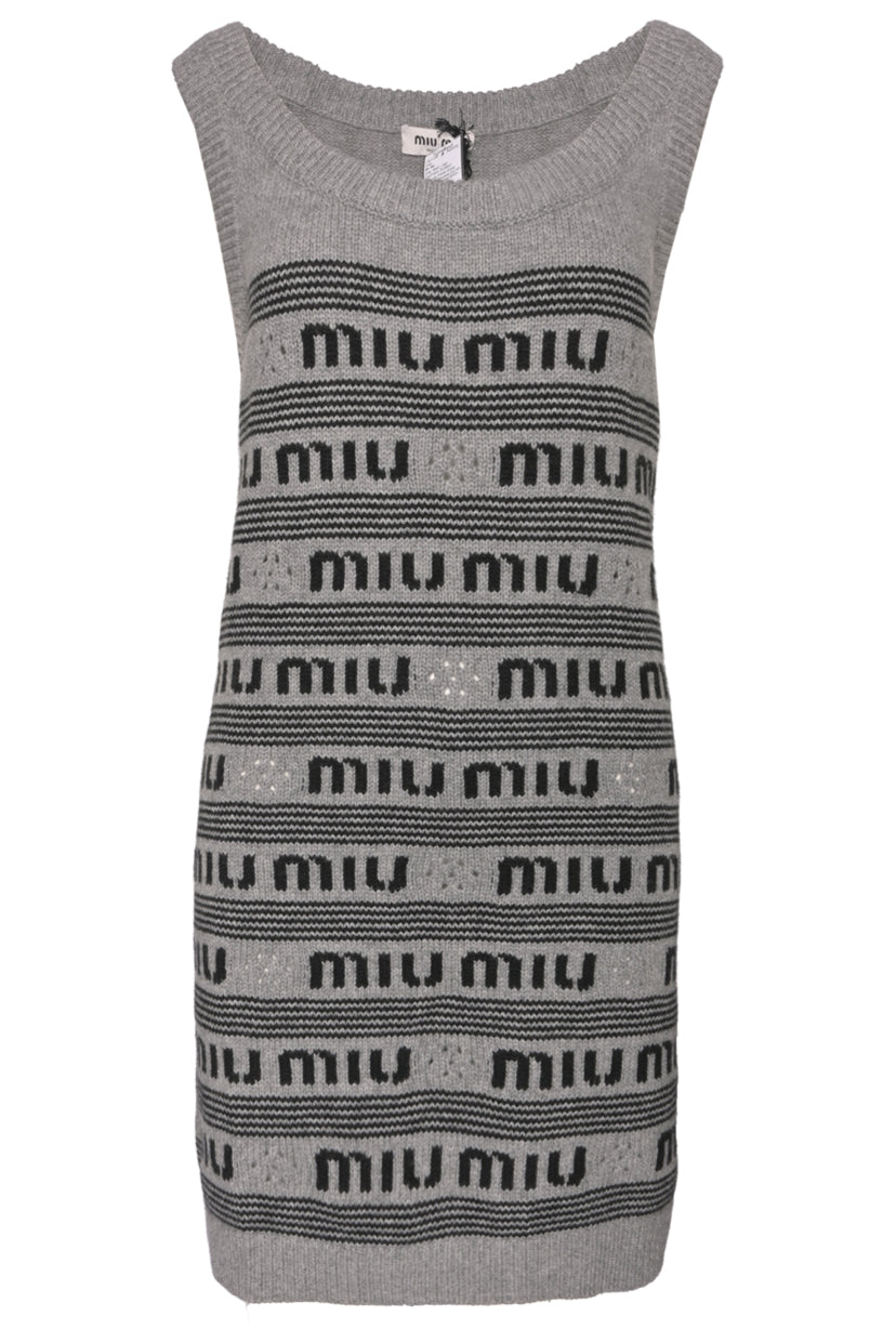 Miu Miu Size 40 2022 Logo Intarsia Striped Cashmere Sleeveless Knit Mini Dress