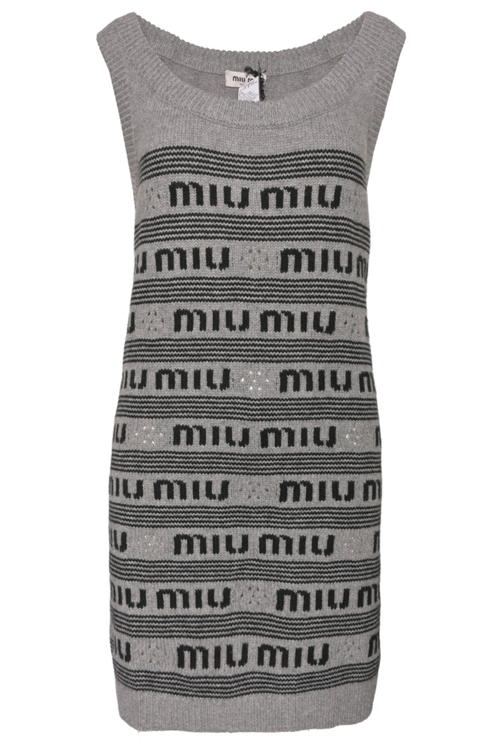 Miu Miu Size 40 2022 Logo Intarsia Striped Cashmere Sleeveless Knit Mini Dress