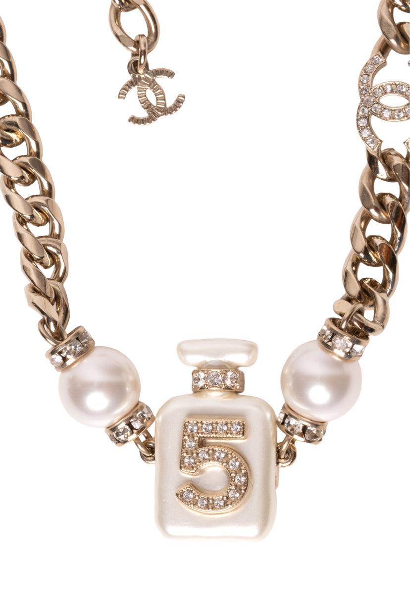 Chanel 2022 Faux Pearl & Strass No. 5 CC Choker Necklace