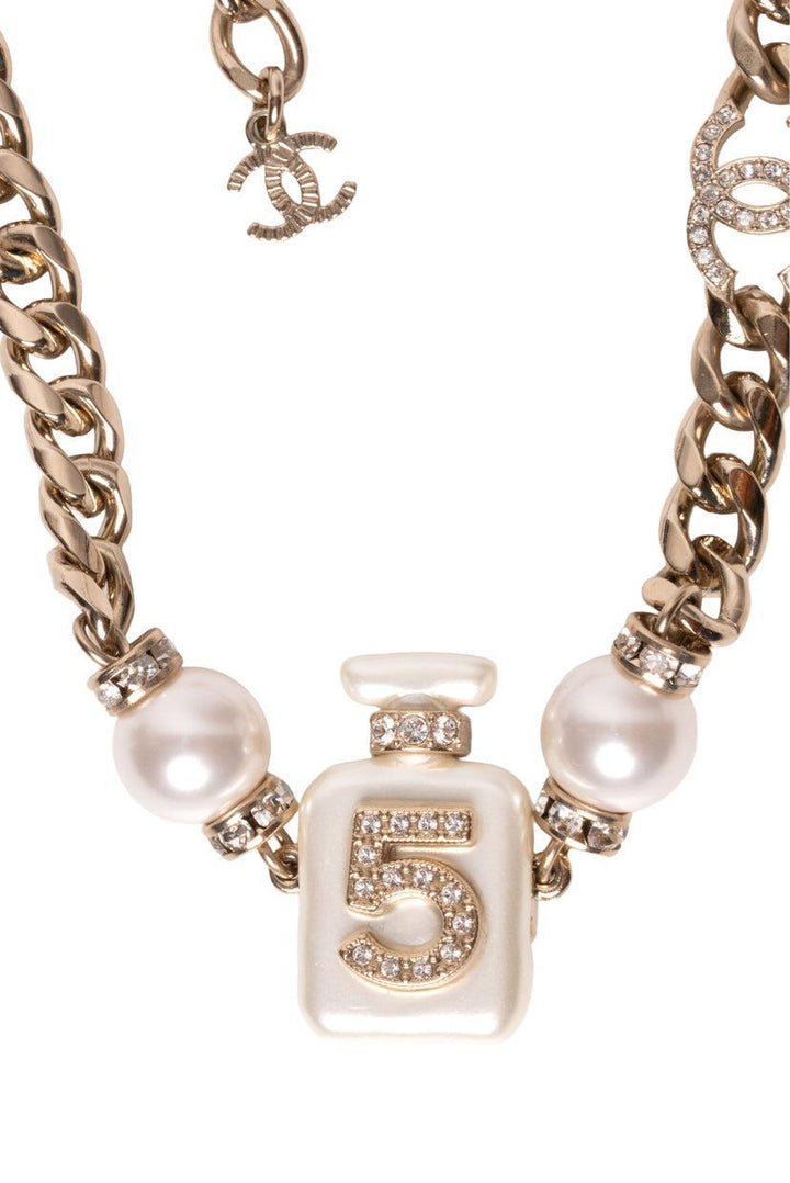 Chanel 2022 Faux Pearl & Strass No. 5 CC Choker Necklace