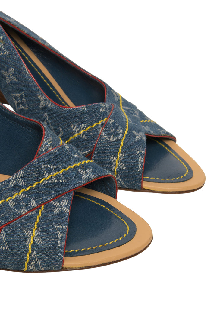 Louis Vuitton Size 37.5 LV Monogram Denim Slingback Heeled Sandals