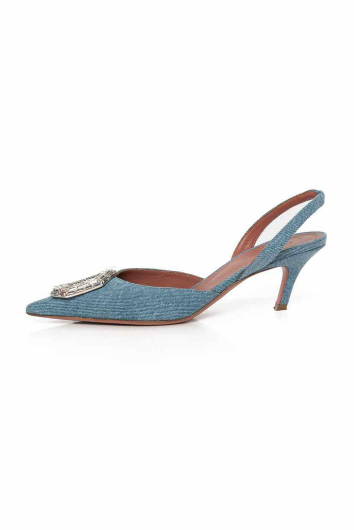 Amina Muaddi Size 36 Camelia Crystal-Embellished Denim Slingback Pumps