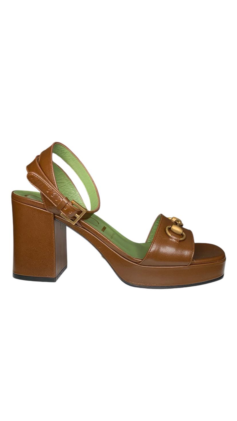 Gucci Size 39.5 Lady Horsebit-Detail Platform Leather Sandals