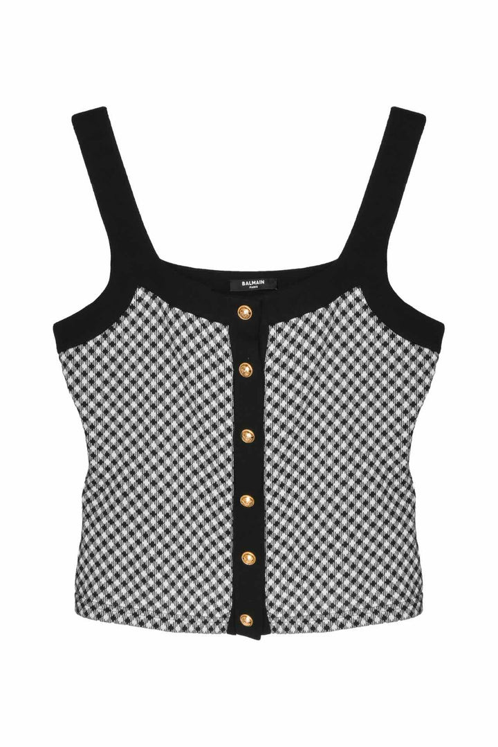 Balmain Size 38 Houndstooth Button Front Tank Top