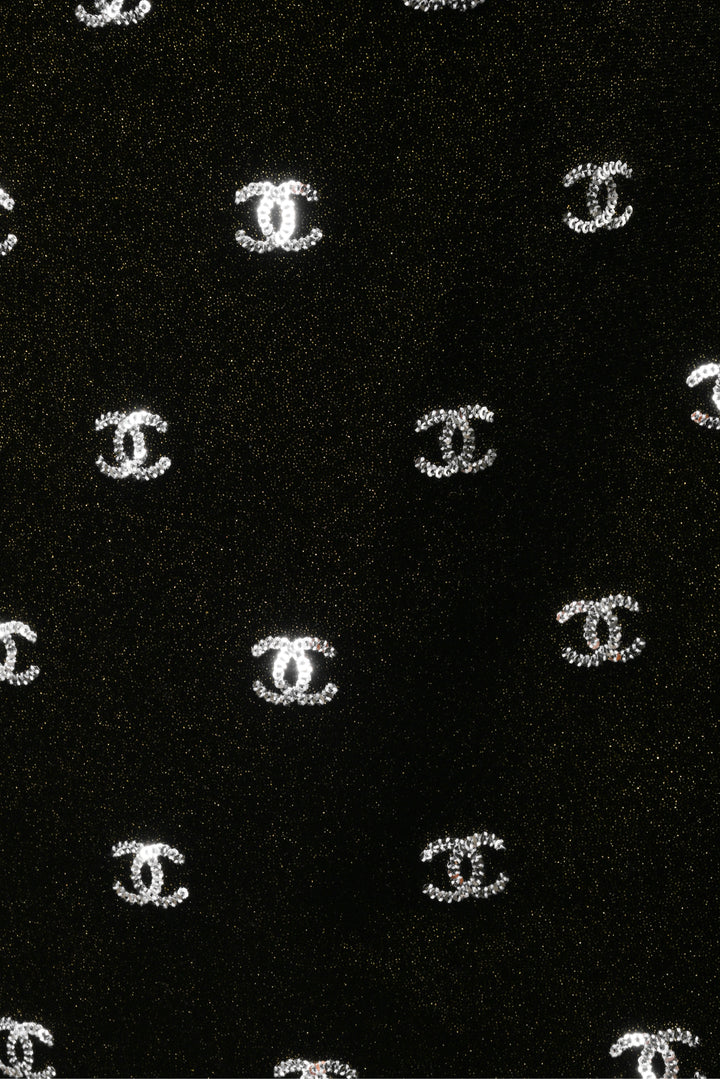 Chanel Size 4 Sequin CC Logo Metallic Velvet Half Zip Short Sleeve Tops