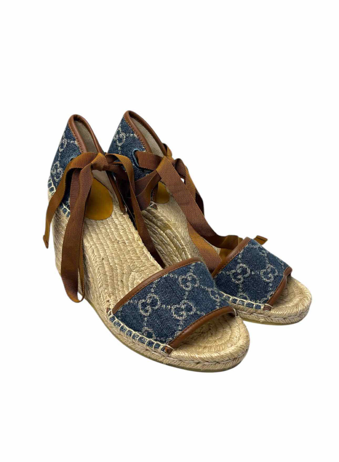 Gucci Size 38.5 Monogram Denim Espadrille Wedges