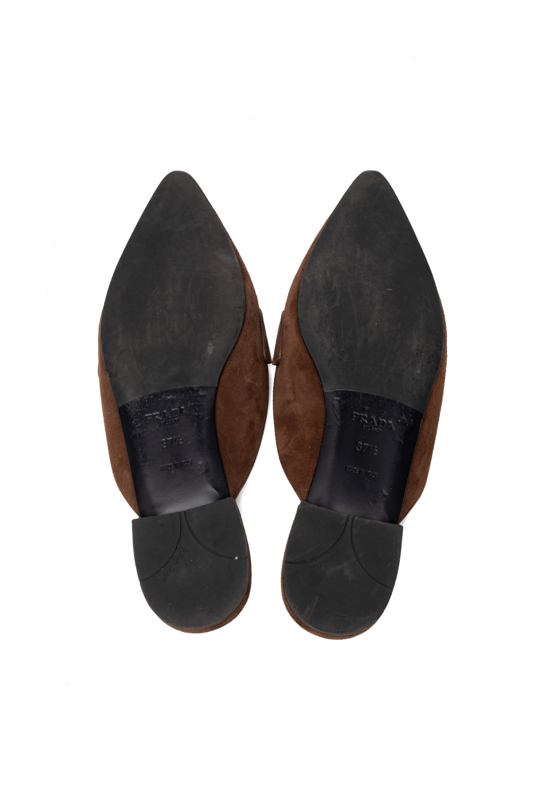 Prada Size 37.5 Suede Logo Pointed Toe Mules