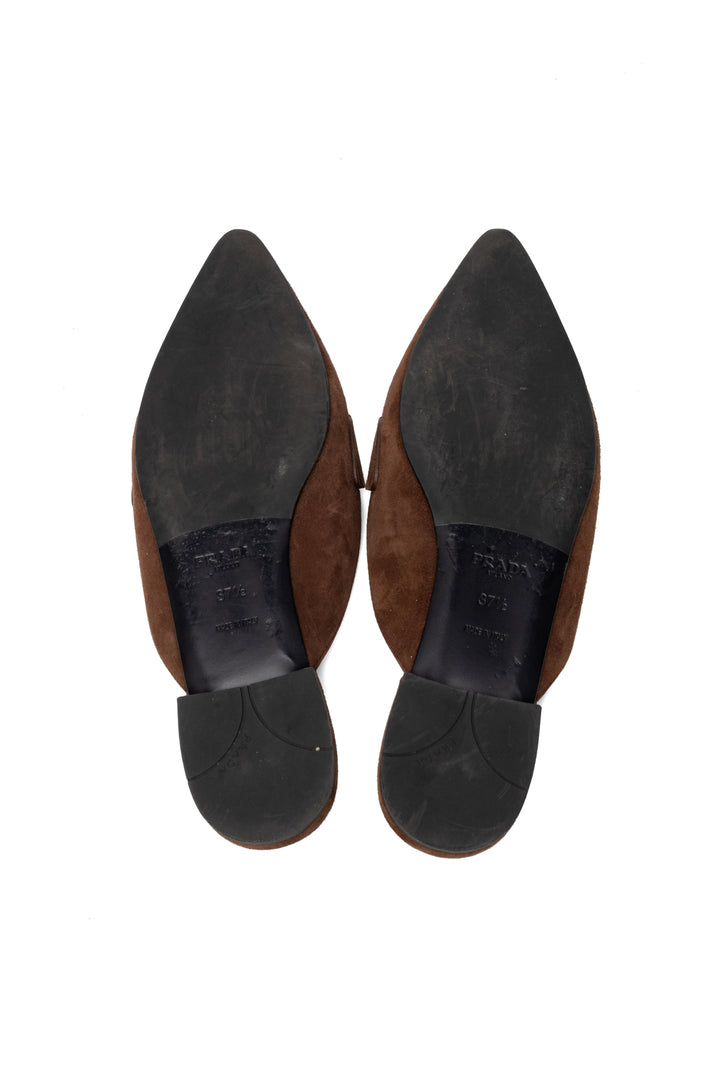 Prada Size 37.5 Suede Logo Pointed Toe Mules
