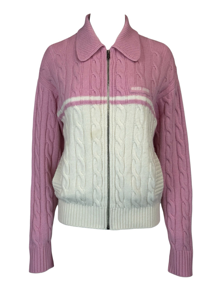 Miu Miu Size 38 2022 Cable-Knit Zip-Front Wool & Cashmere Cardigan