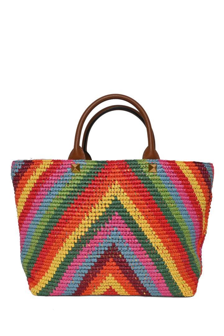 Valentino Roman Studded Chevron Raffia Rainbow Tote