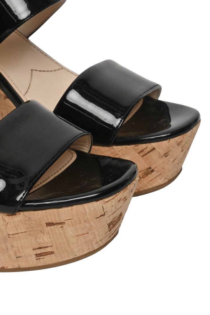 Prada Size 38.5 Patent Leather & Cork Wedges
