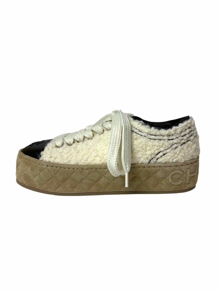 Chanel Size 36.5 Shearling & Leather Cap Toe CC Logo Sneaker