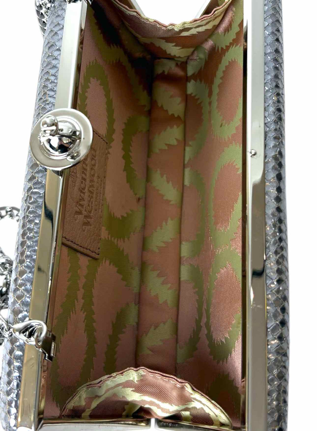Vivienne Westwood Metallic Silver Leather Snake Print Clutch