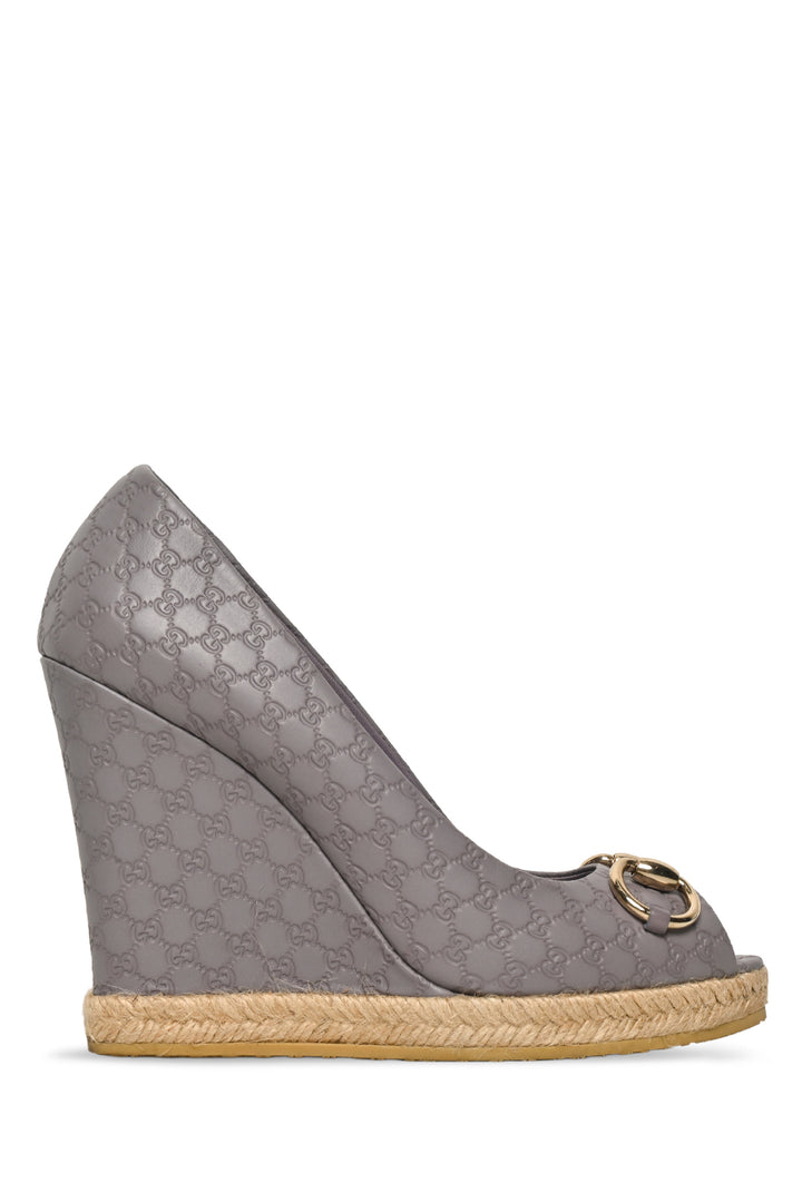 Gucci Size 37 Charlotte Microguccissima Horsebit Peep Toe Wedge