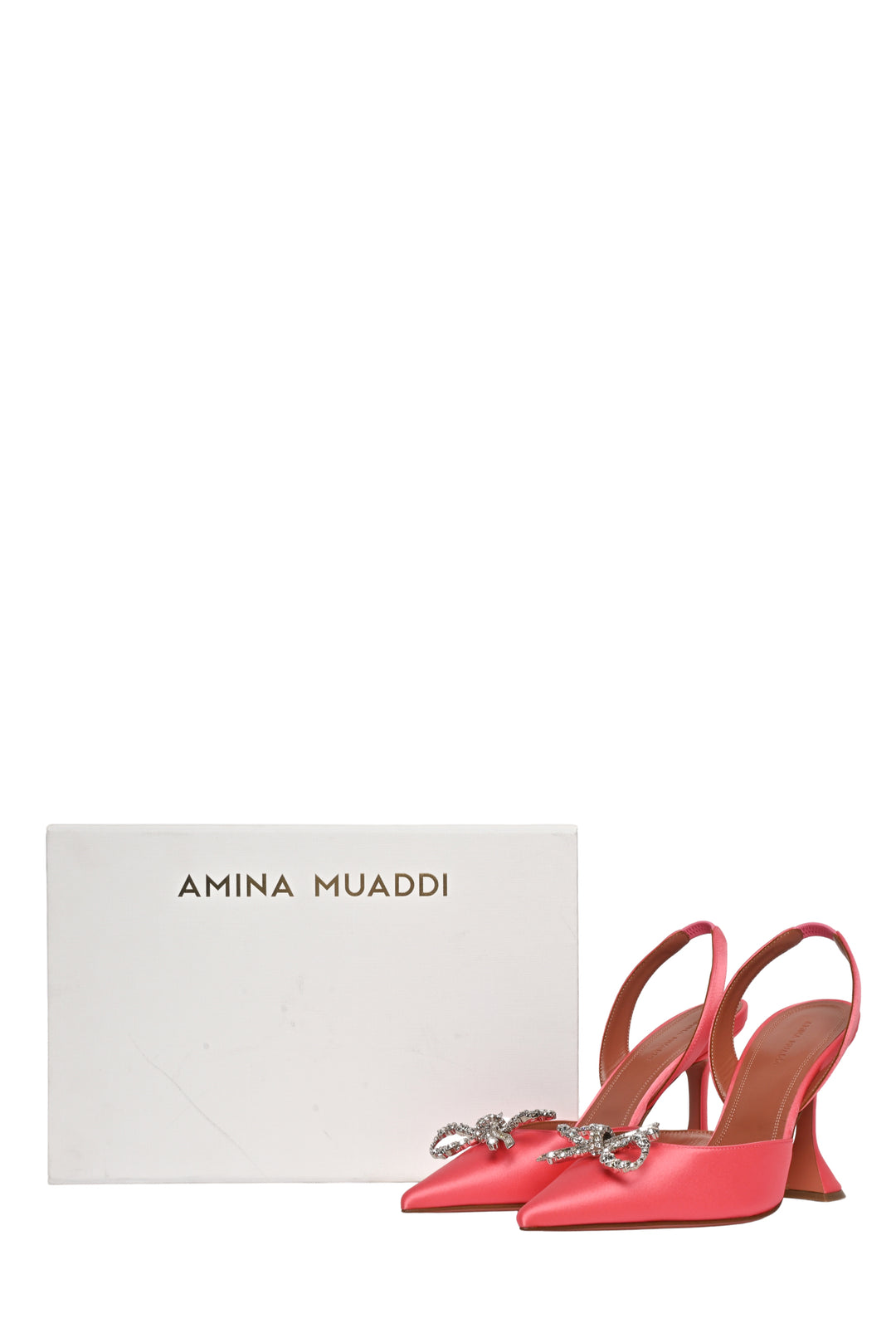 Amina Muaddi Size 38.5 Crystal Bow Satin Rosie Slingback Pumps